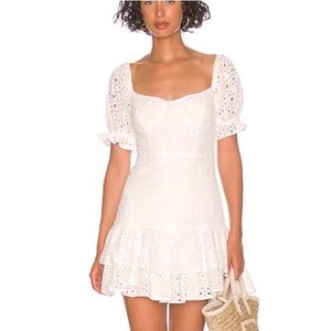 Square-Neck White Eyelet Puff-Sleeve Mini Dress
